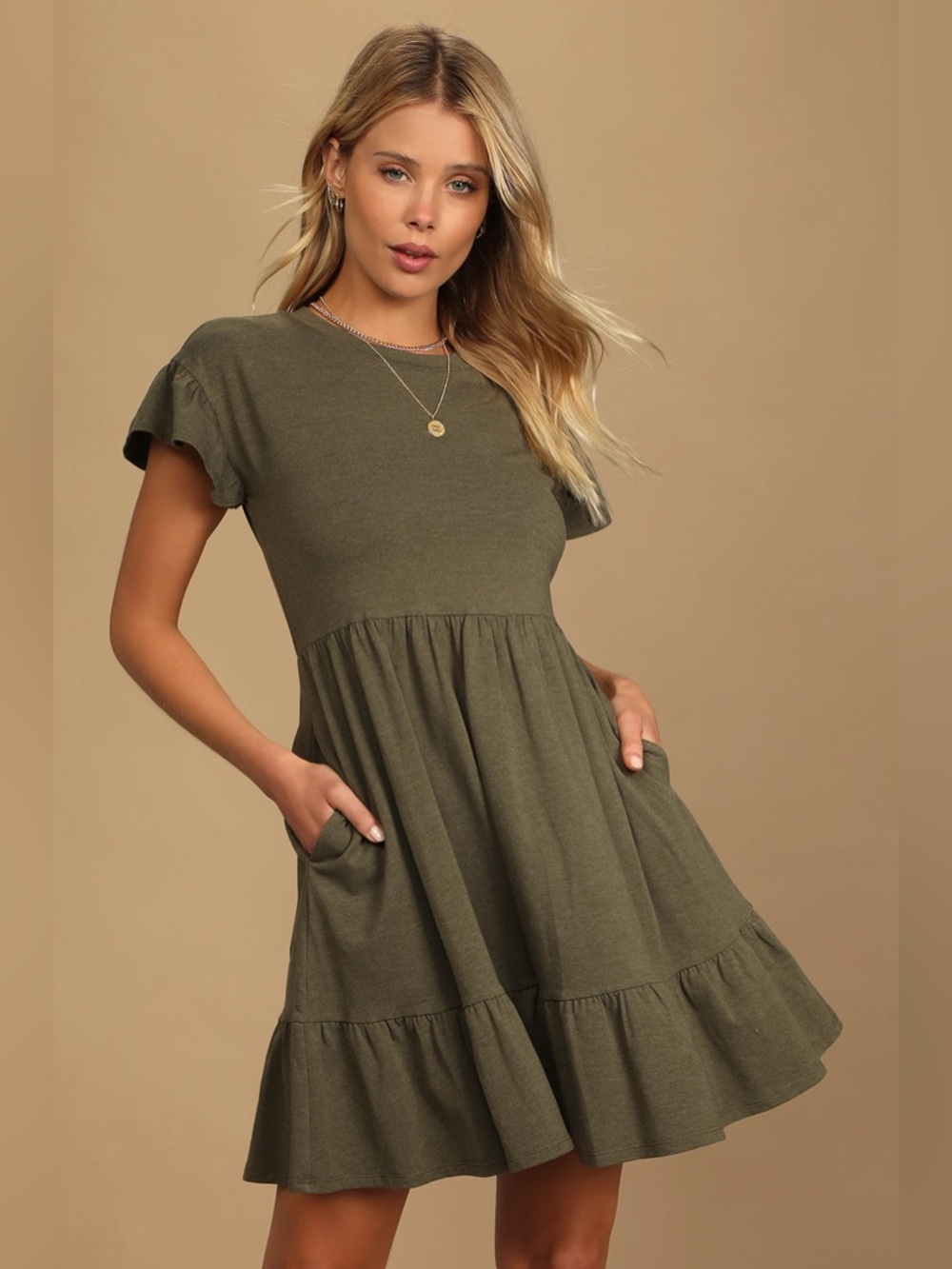 Olive Green Tiered Babydoll Dress